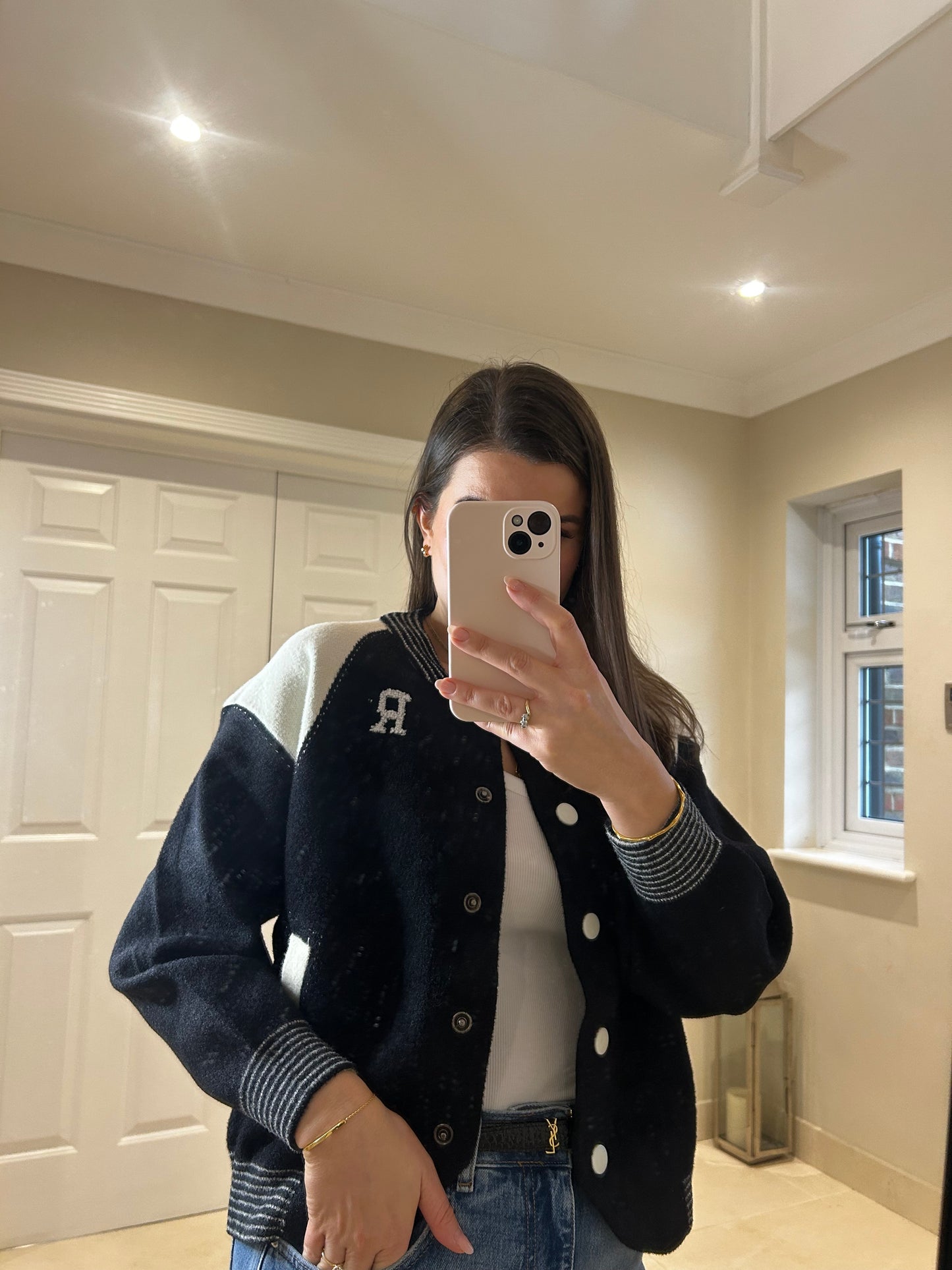 Jane Knitted Black Varsity Bomber