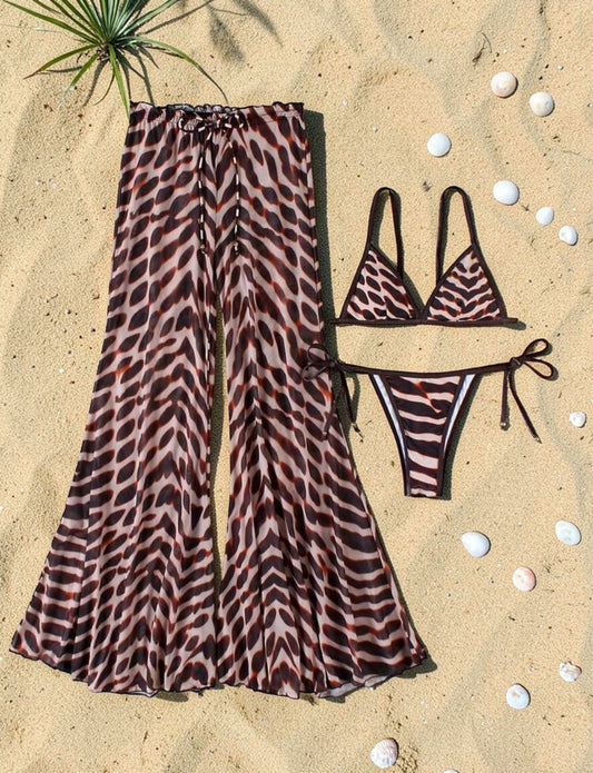3 Piece Animal Print Bikini Set with Trousers