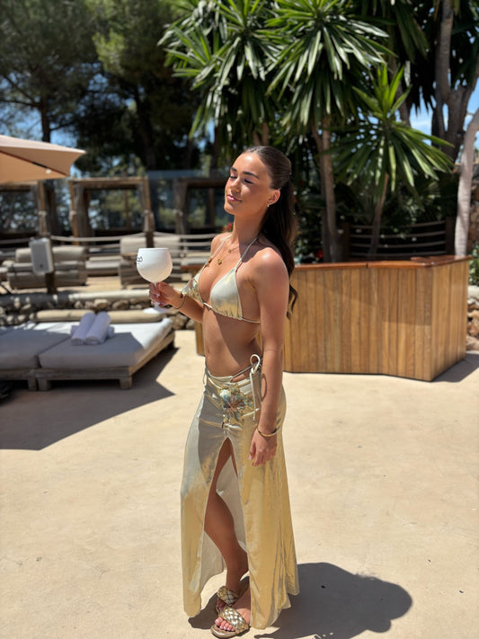 Metallic Gold 3 Piece Bikini & Skirt Set
