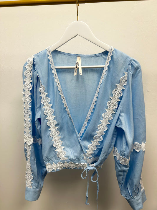 Ellie Blue & White Broderie-Anglaise Wrap Top