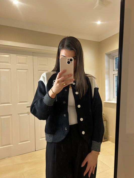 Jane Knitted Black Varsity Bomber