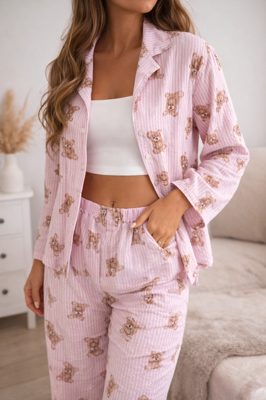 Pink Teddy Bear Print Long Sleeve Pyjama Set