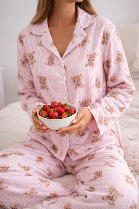 Pink Teddy Bear Print Long Sleeve Pyjama Set