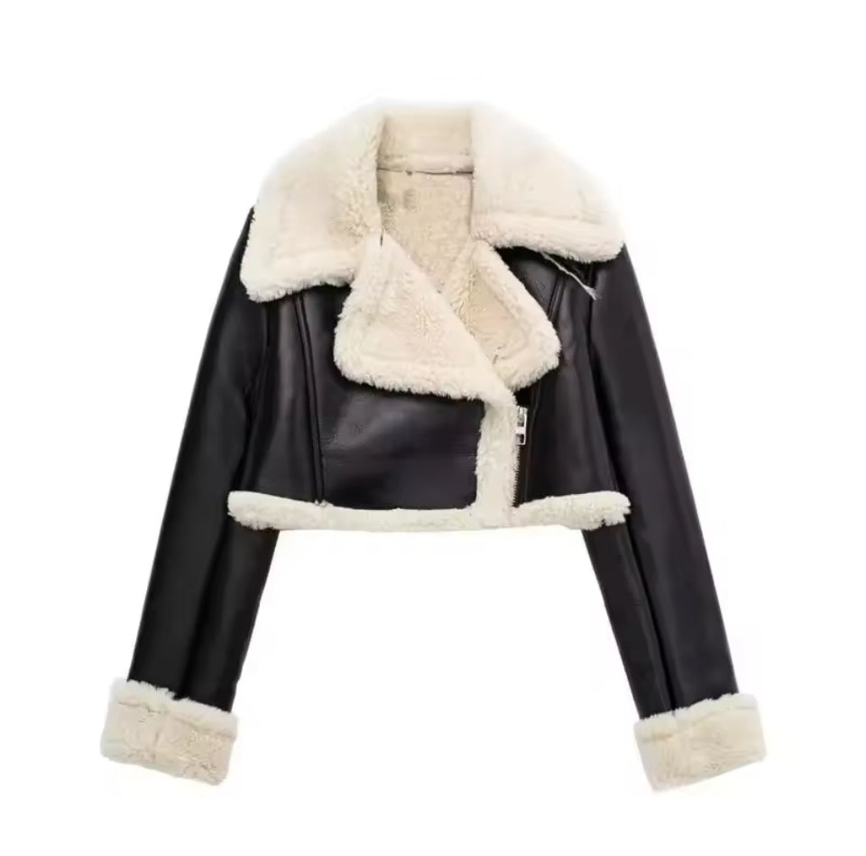 Cropped Faux Shearling Aviator Jacket Black