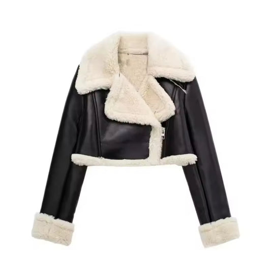 Cropped Faux Shearling Aviator Jacket Black